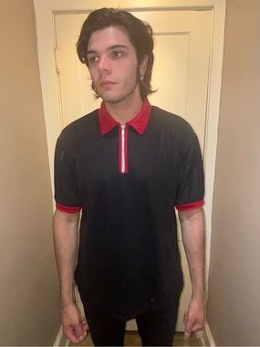 Men's Black Polo with Red Trim and Zip Placket